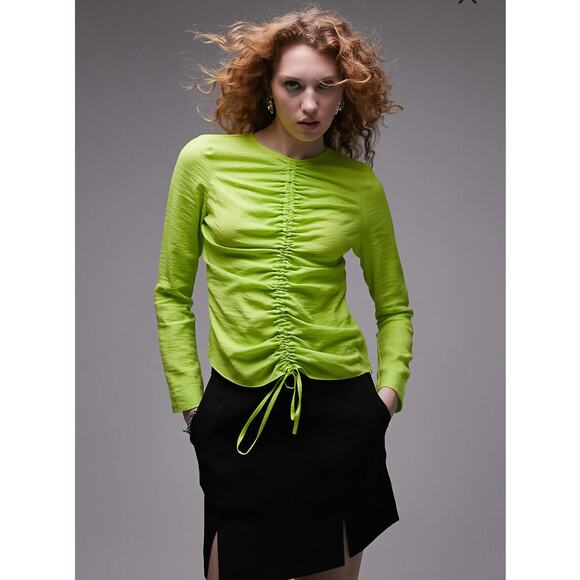 Topshop Women's Green Ruched Front Long Sleeve Top Side Zip 4 NWT - Picture 1 of 10